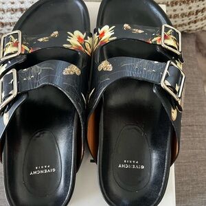 Givenchy Black Floral Double-Buckle Slides with Gold Hardware